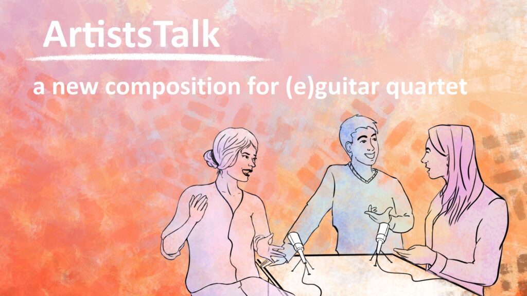 Eine Grafik mit drei Personen, die vor sich Mikros stehen haben und sich unterhalten. Über ihnen steht Artists Talk