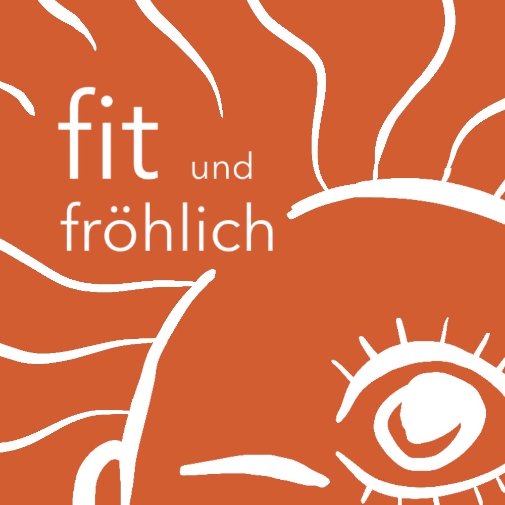 ein oranges Podcastcover mit dem Text fit und fröhlich