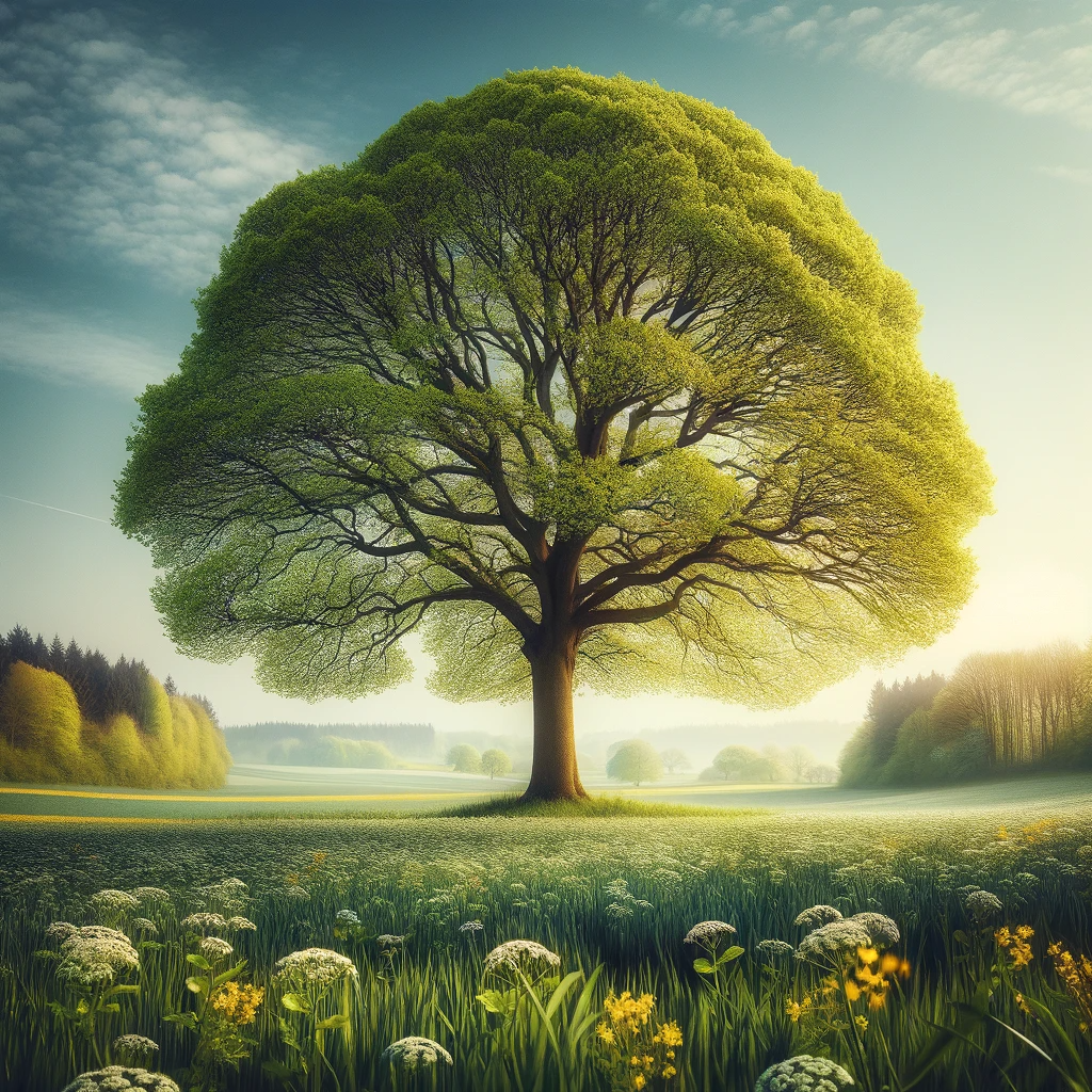 Hier ist das Bild für den Artikel zum Frühlingsanfang 2026. Es zeigt einen großen Laubbaum auf einem Feld im Frühling, mit zarten grünen Blättern und umgeben von wilden Blumen.