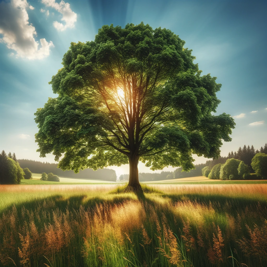 Hier ist das Bild für den Artikel zum Sommeranfang 2026. Es zeigt einen großen Laubbaum in voller Blüte auf einem Feld im Sommer, umgeben von lebhaftem Grün und unter einem strahlend blauen Himmel.