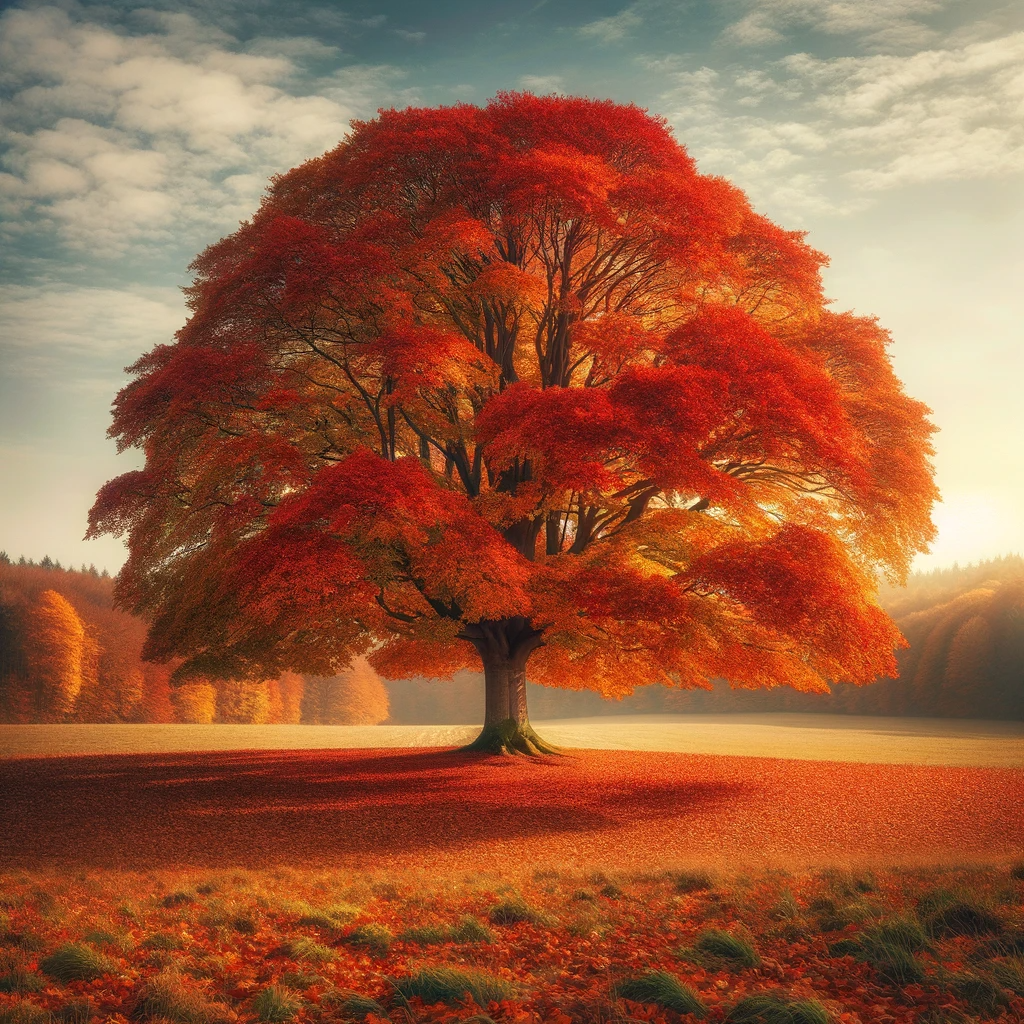 Hier ist das Bild für den Artikel zum Herbstanfang 2026. Es zeigt einen großen Laubbaum auf einem Feld im Herbst, dessen Blätter in typischen Herbstfarben leuchten.