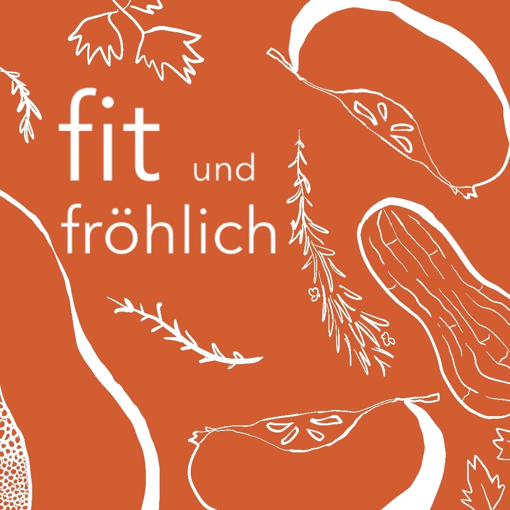 ein oranges Podcastcover mit dem Text fit und fröhlich