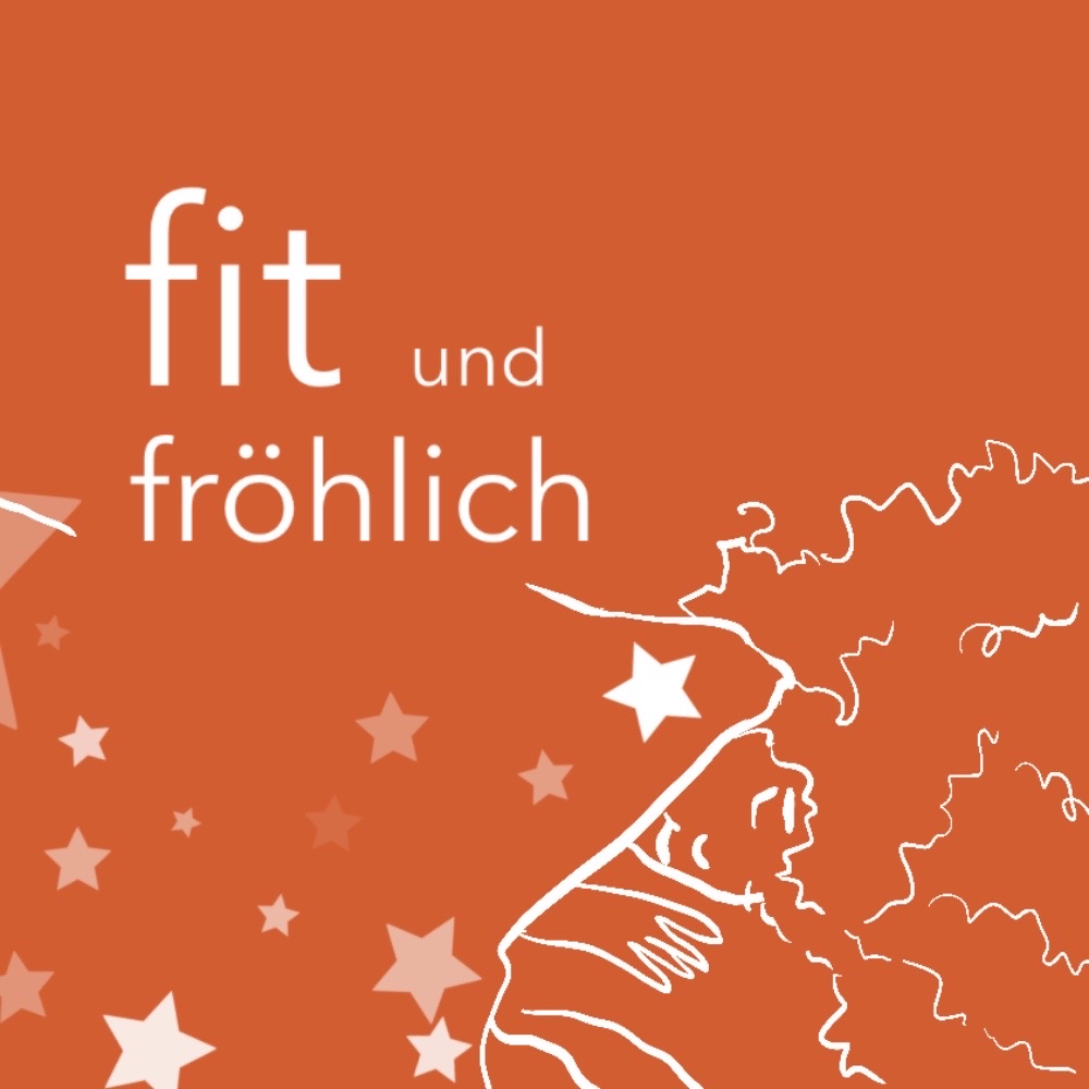 ein oranges Podcastcover mit dem Text fit und fröhlich