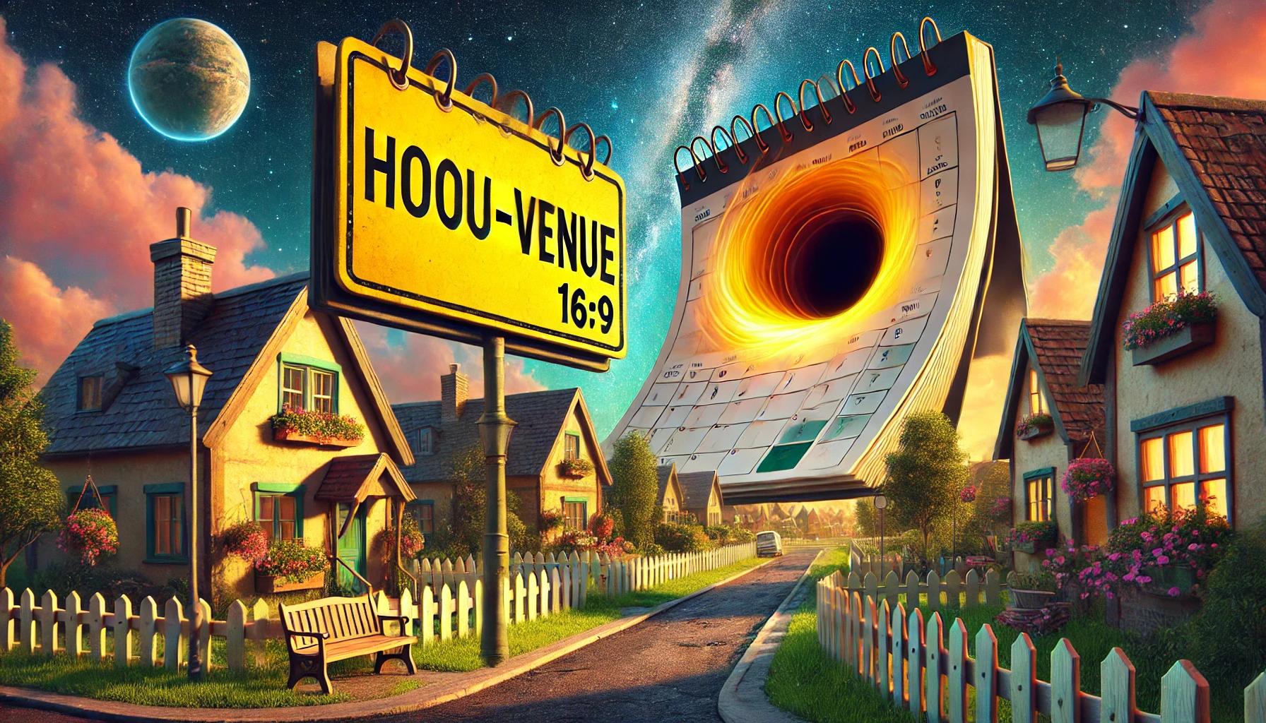 Ein Ort dessen Name "HOOU-Venue" ist und an dessen Himmel ein Organizer von einem schwarzen Loch verschlungen wird